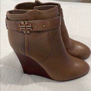 Tory Burch Brown Leather Wedge Shoes with Signature Detail